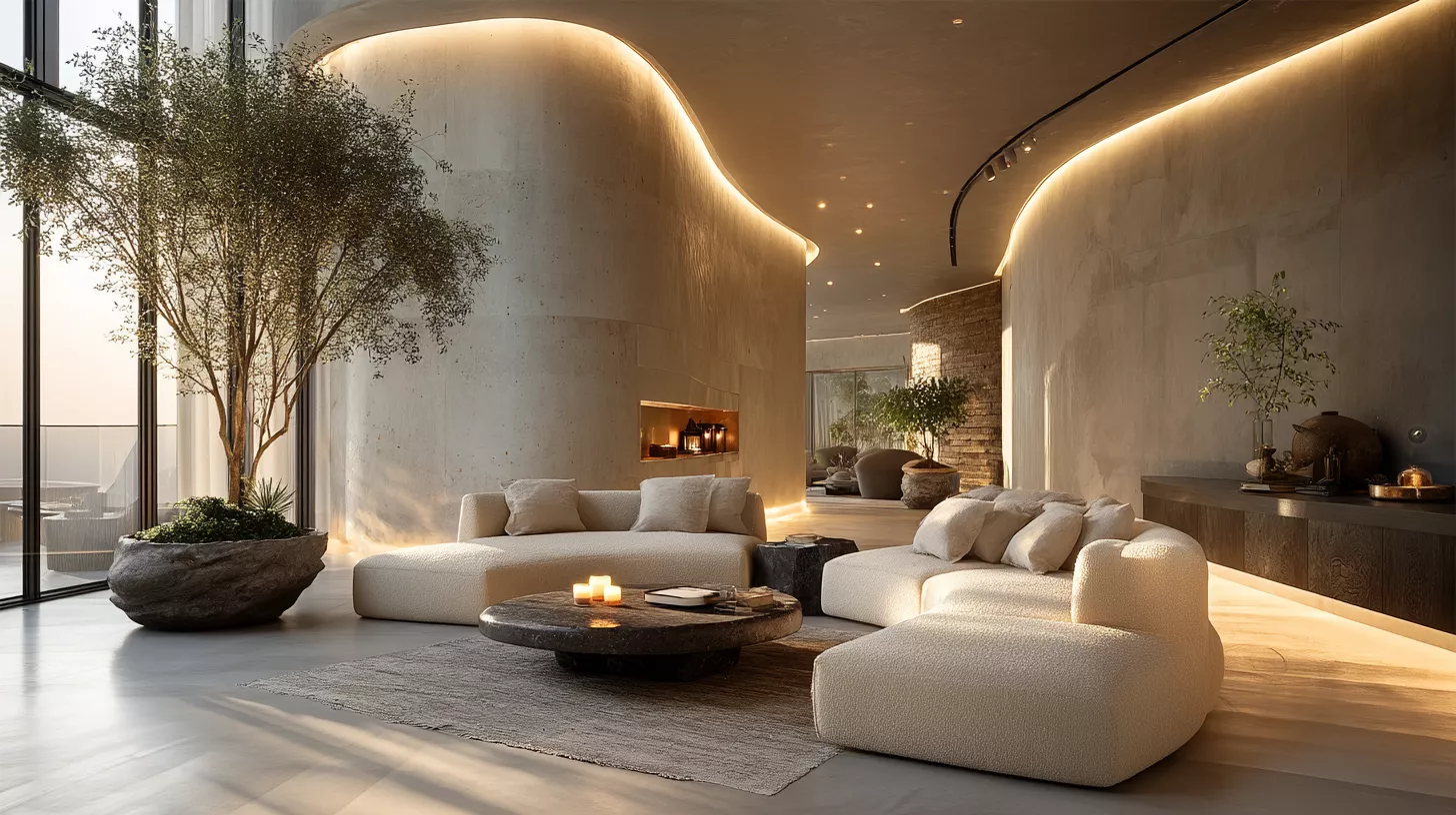 بنتهاوس مودرن فاخر في جدة بتشطيب تسليم مفتاح، خامات رخام وترافرتين وخشب طبيعي وإضاءة طبقية مع ضوء غروب دافئ